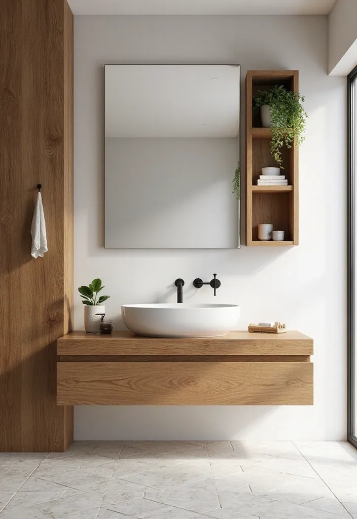 20 Chic Bathroom Designs That Exude Mid Century Modern Elegance! - 1. Minimalist Wood Accents