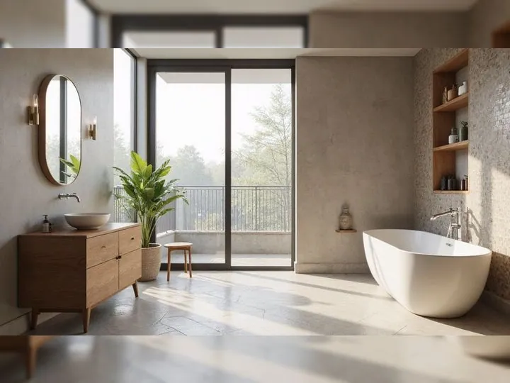 Modern bathroom with a freestanding tub, wooden vanity with an oval mirror, and large glass doors opening to a balcony. Warm tones and natural light.