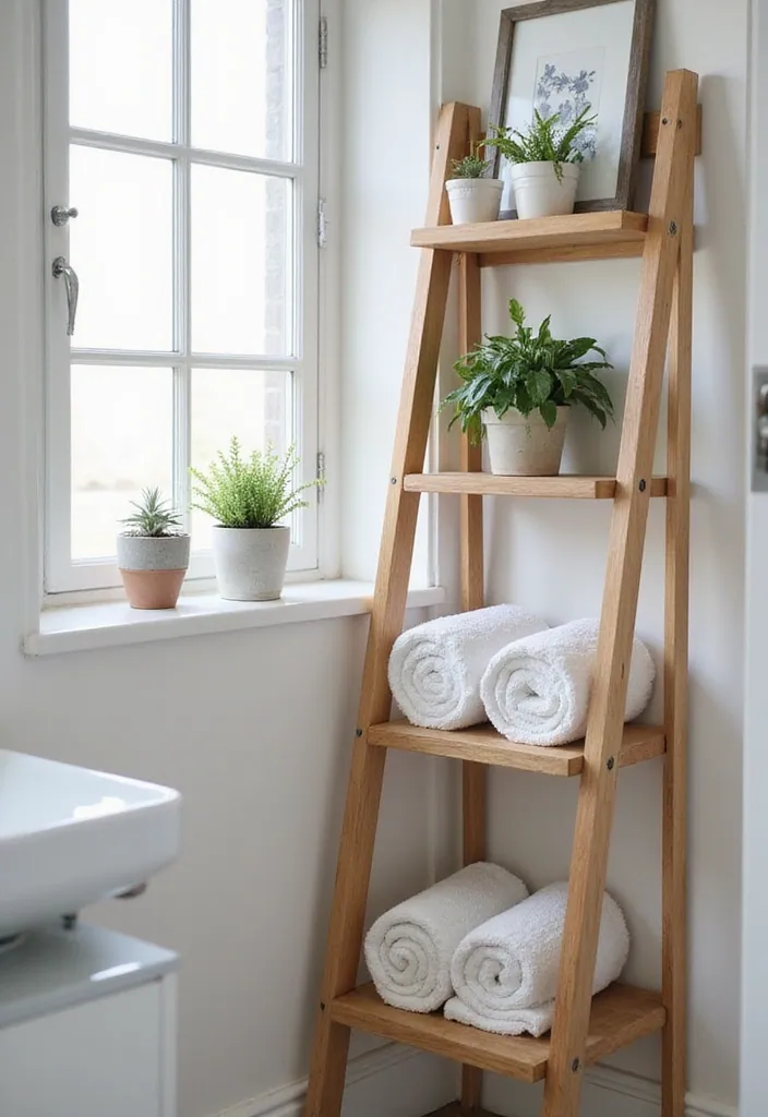 25 Clever Tiny Bathroom Storage Solutions That Maximize Every Inch! - 20. Ladder Shelves