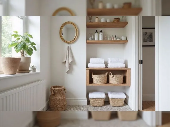 Stylish bathroom with open shelves holding white towels, baskets, and toiletries. A round mirror and potted plants add a fresh, minimalistic touch.