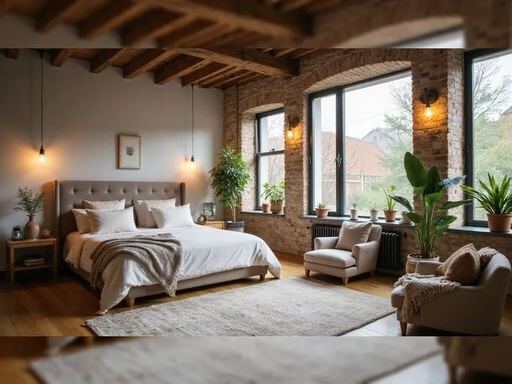 Cozy bedroom with rustic brick walls and wooden beams. Features a king-sized bed, soft lighting, plants, and large windows for a serene, natural ambiance.