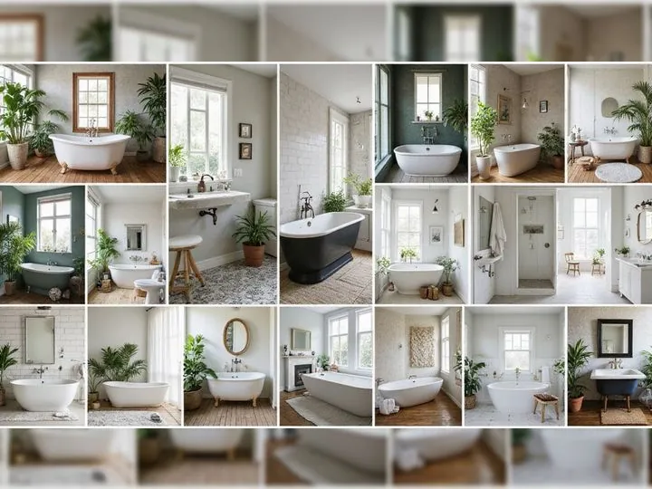 Collage of serene bathrooms with freestanding tubs and lush green plants. Features bright natural light, neutral tones, and rustic accents. Relaxing ambiance.