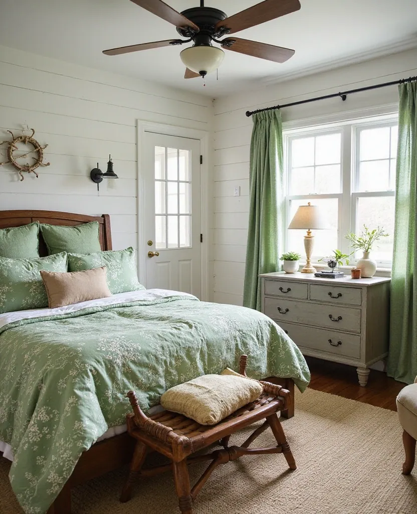 20 Dreamy Green Bedroom Ideas for a Cozy Retreat You’ll Adore! - 15. Farmhouse Charm with Green and White