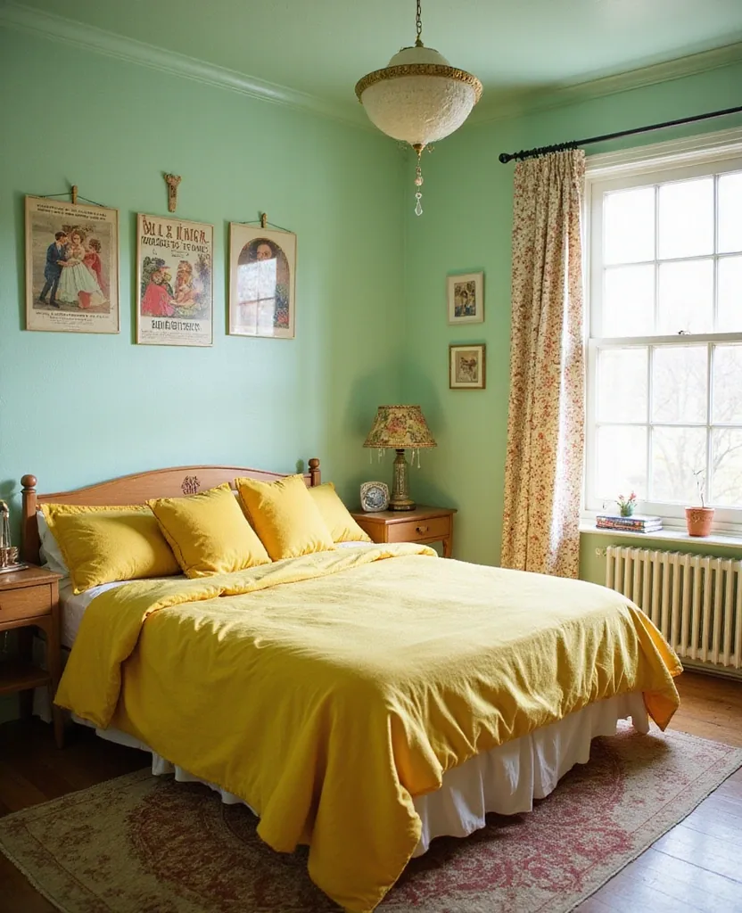 20 Dreamy Green Bedroom Ideas for a Cozy Retreat You’ll Adore! - 14. Retro Vibes with Mint and Yellow