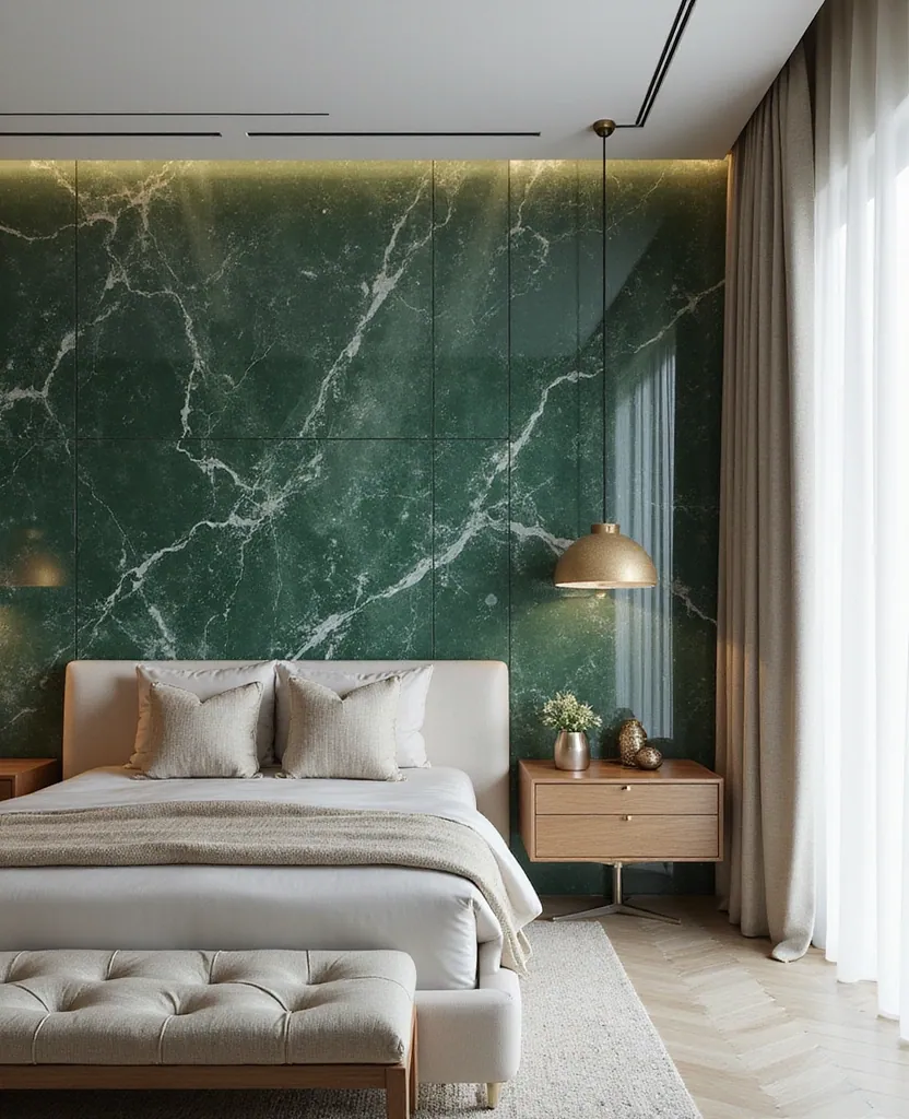 20 Dreamy Green Bedroom Ideas for a Cozy Retreat You’ll Adore! - 10. Modern Luxe with Green Marble