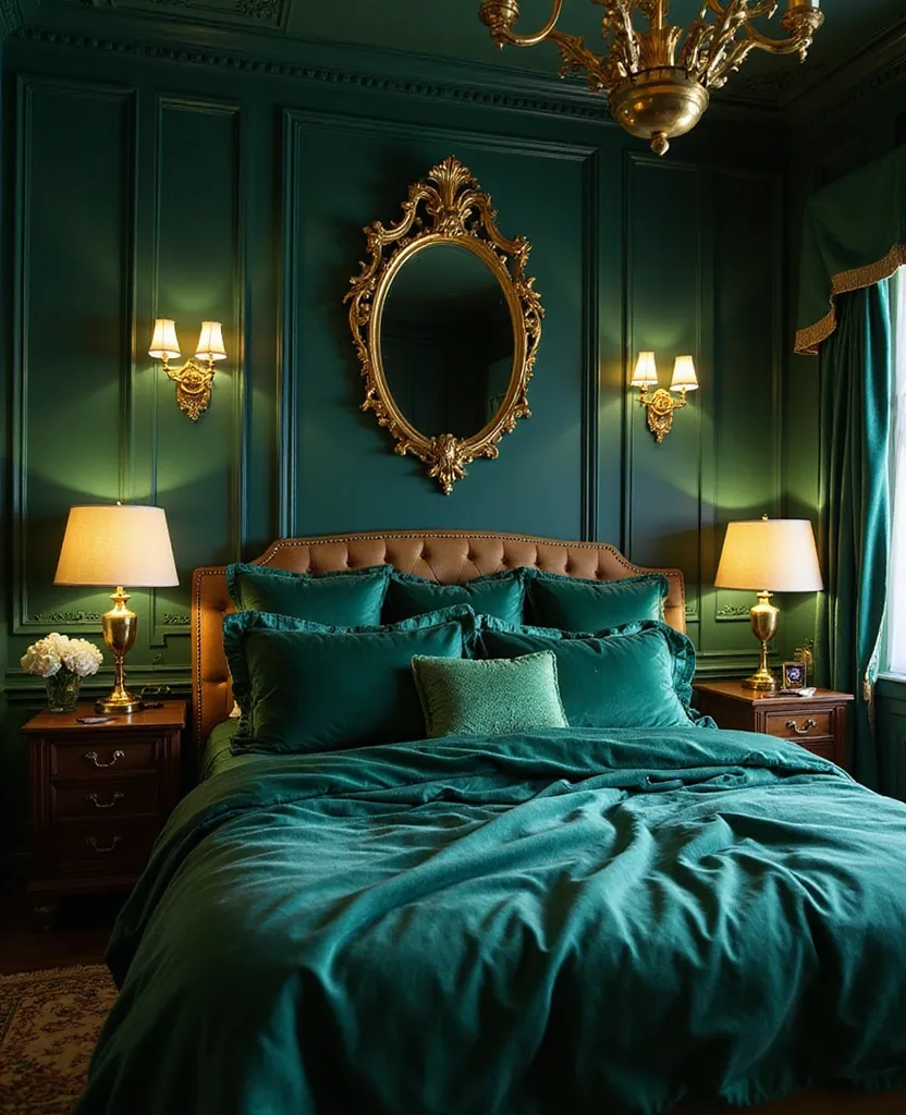 20 Dreamy Green Bedroom Ideas for a Cozy Retreat You’ll Adore! - 13. Emerald and Gold Glam