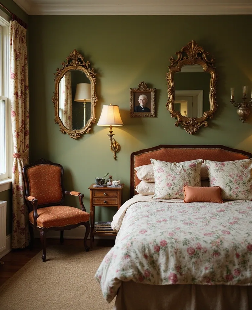 20 Dreamy Green Bedroom Ideas for a Cozy Retreat You’ll Adore! - 7. Vintage Chic with Olive and Floral