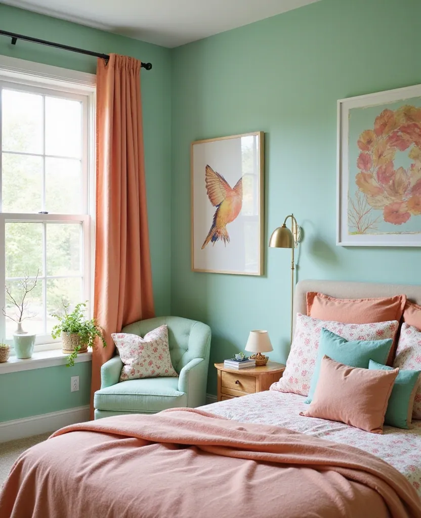 20 Dreamy Green Bedroom Ideas for a Cozy Retreat You’ll Adore! - 6. Whimsical Mint and Peach Combo