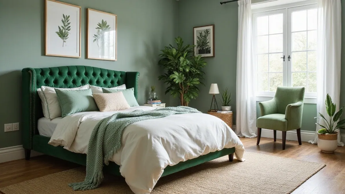Cozy bedroom with green walls and a matching tufted headboard. White bedding and pillows, leafy art, plants, and a green armchair enhance a serene ambiance.