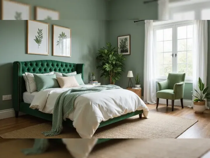 Cozy bedroom with green walls and a matching tufted headboard. White bedding and pillows, leafy art, plants, and a green armchair enhance a serene ambiance.