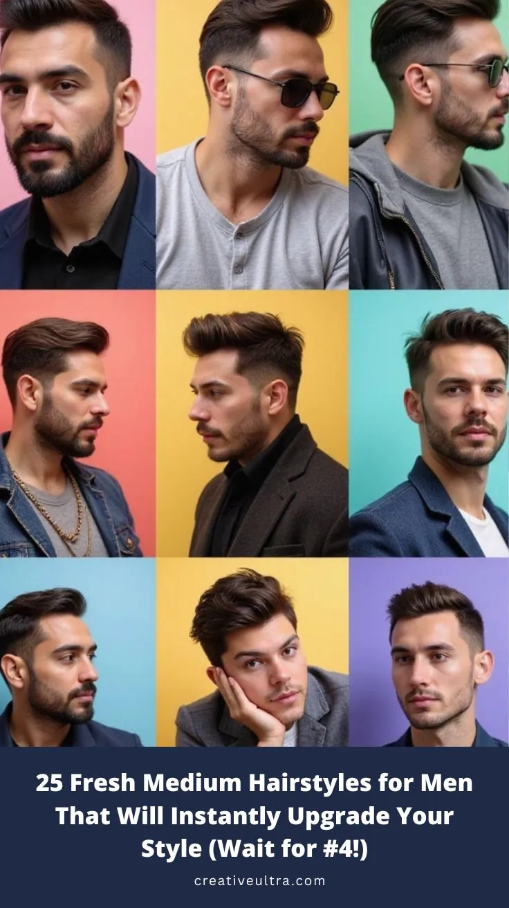Collage of men with various medium hairstyles against colorful backgrounds. Includes styles like slicked back, quiff, and textured, conveying modernity. Text reads: "25 Fresh Medium Hairstyles for Men That Will Instantly Upgrade Your Style (Wait for #4!)."