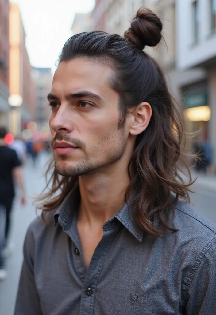 25 Fresh Medium Hairstyles for Men That Will Instantly Upgrade Your Style (Wait for #4!) - 18. The Half-Up Style