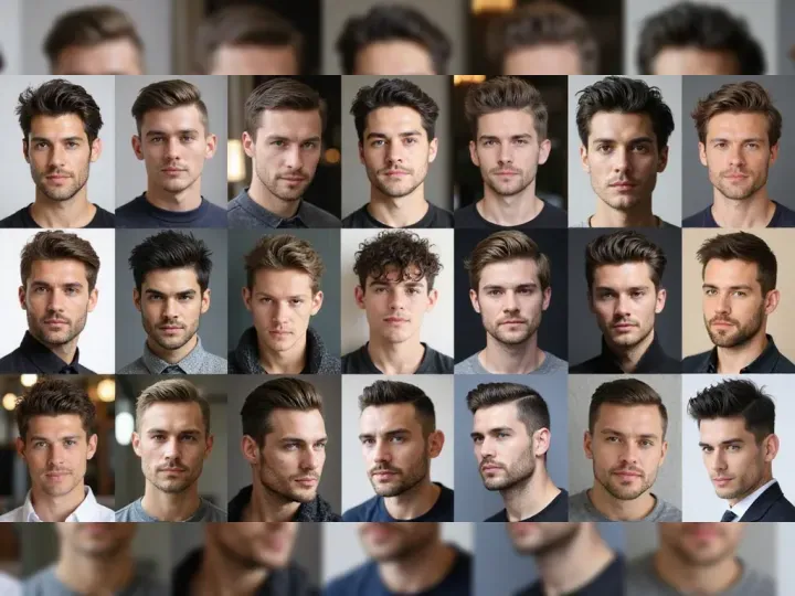A grid of twenty men with diverse hairstyles, ranging from short to voluminous, displaying confident and stylish expressions. Bright lighting highlights their features. Keywords: hairstyles, men, fashion, diverse.