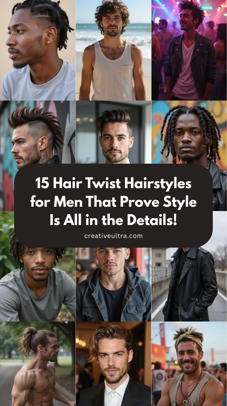 Collage of men's hairstyles showcasing twists, braids, and natural curls. Text overlay reads: "15 Hair Twist Hairstyles for Men That Prove Style Is All in the Details!"