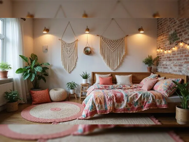 A cozy bedroom with bohemian decor. Features a colorful bedspread, hanging macramé, lush plants, warm lighting, and a textured brick wall. Relaxing atmosphere.