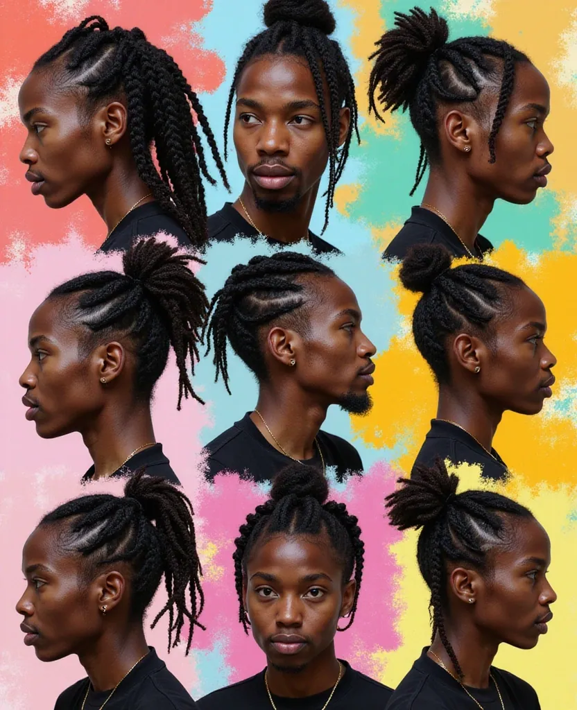 Collage of a person with various braided hairstyles, set against a colorful, pastel background. Each image shows different angles, highlighting intricate braids.