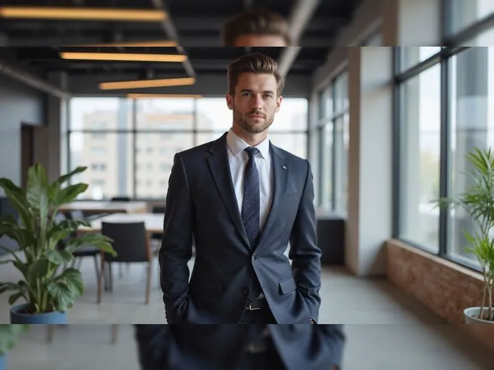 Young man in a dark suit and tie stands confidently in a modern office with large windows and plants, conveying a professional and poised atmosphere.
