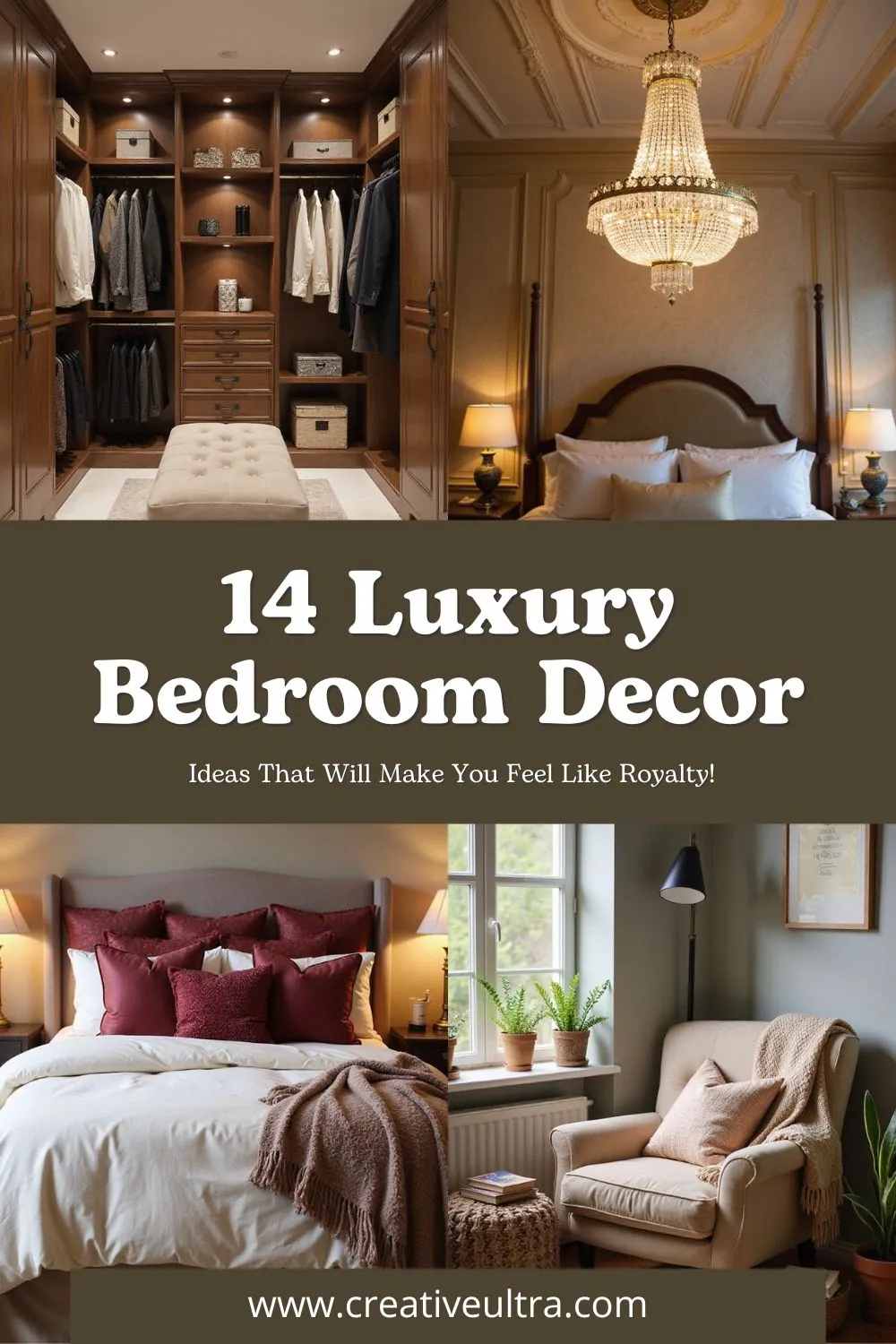 Luxurious bedroom decor ideas, featuring an elegant closet, opulent chandelier, cozy bed with plush pillows, and a serene reading nook.