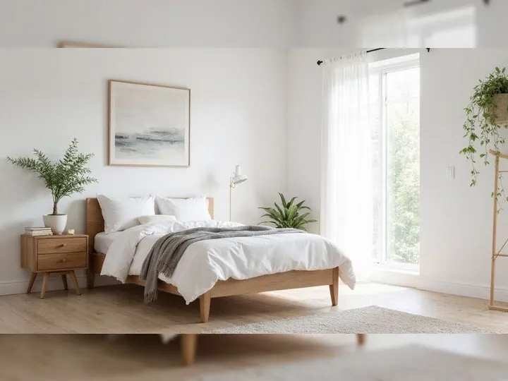 Minimalist bedroom with a wooden bed, white bedding, and a gray throw. Light wood nightstand with a plant, abstract wall art, and large window with sheer curtains. Bright and serene ambiance.