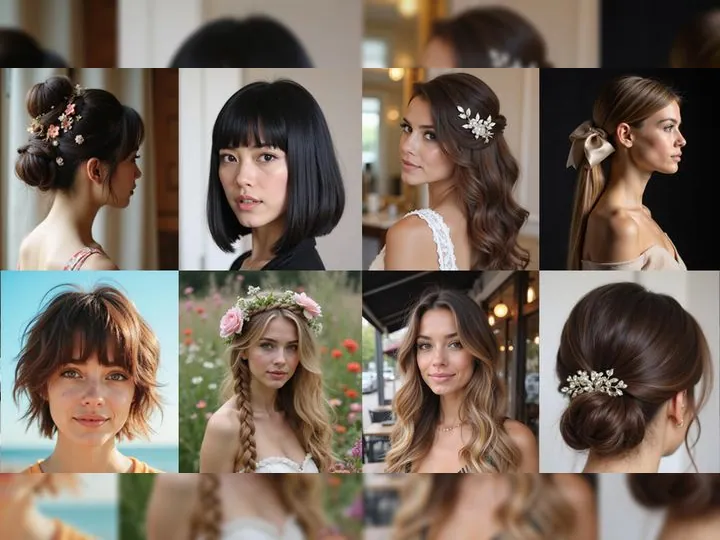 A collage of eight women's hairstyles, including buns adorned with flowers, sleek bob, cascading waves with accessories, braids with flower crowns, and a ribbon.