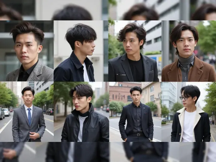 Eight images of men in urban settings. They wear varying styles, from formal suits to casual jackets, exuding confidence and modernity.