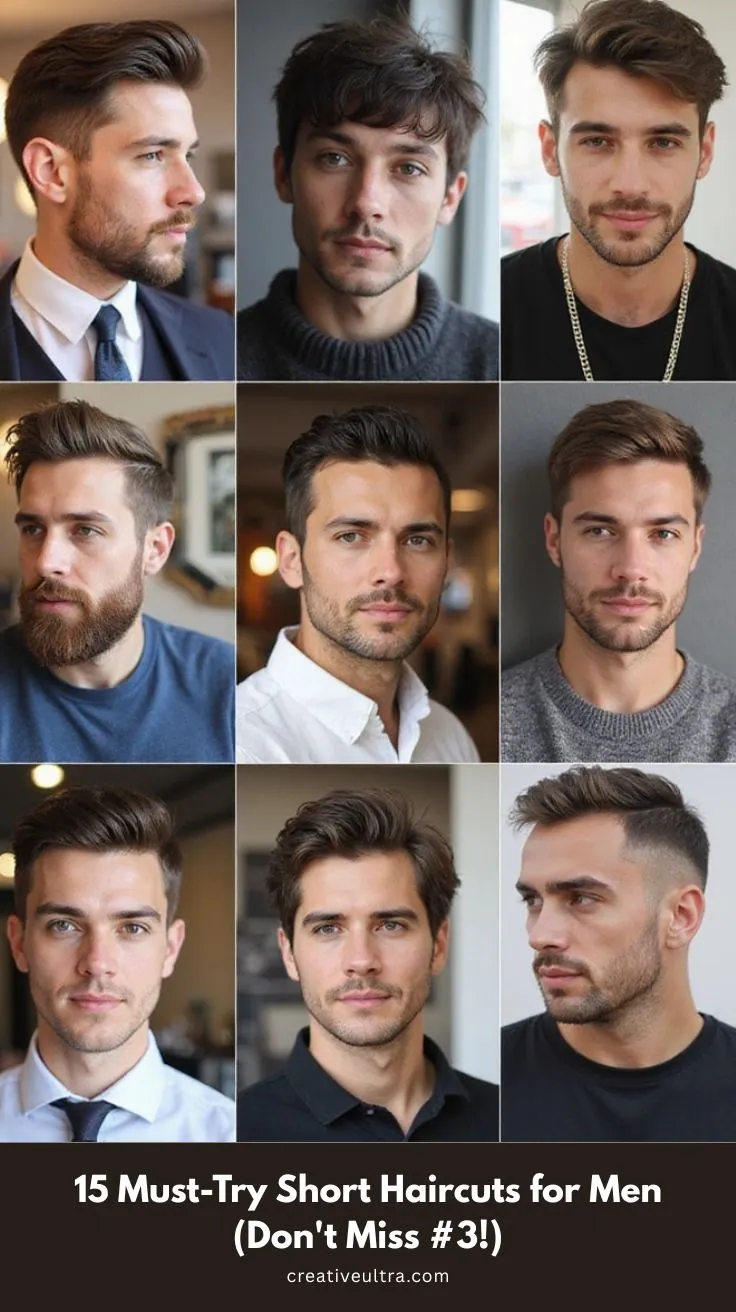 Collage of nine men showcasing trendy short haircuts, ranging from textured to slicked styles. Modern, fashionable, and confident look.