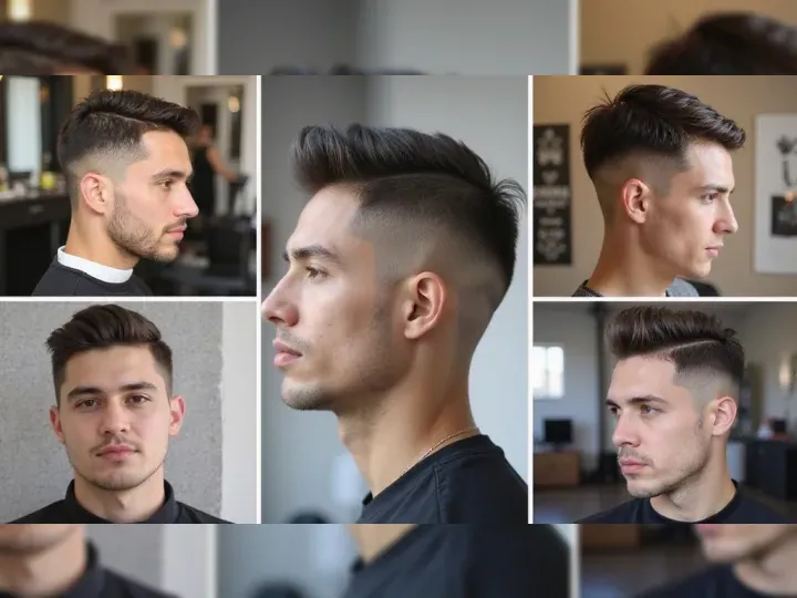 Collage of a man with a trendy undercut hairstyle. Side views highlight the fade and volume, while front views show neat styling, conveying modern elegance.