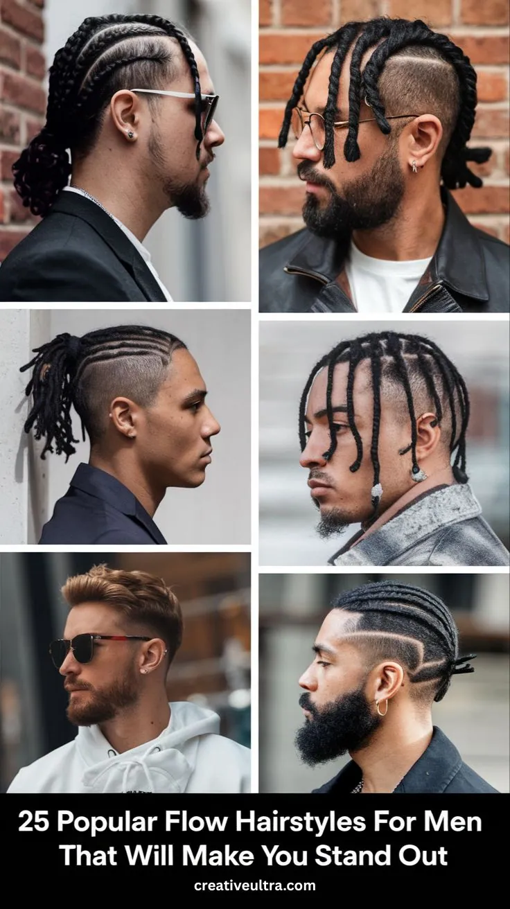 Collage showcasing six men with trendy flow hairstyles, featuring braids and twists. Each hairstyle varies, highlighting unique styles against urban backdrops.