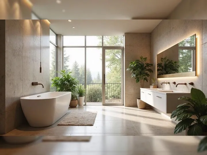 Spacious bathroom with a modern freestanding tub, large window, and view of trees. Light wood accents, greenery, and tranquil ambiance enhance relaxation.