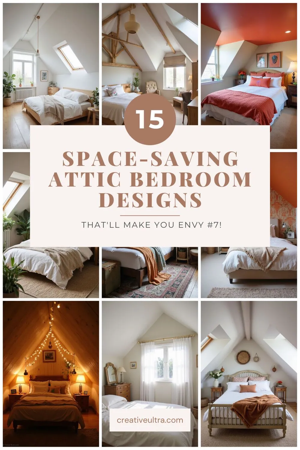 Collage of cozy attic bedrooms with diverse designs, featuring natural light, wooden accents, and warm tones. Text overlay: "15 Space-Saving Attic Bedroom Designs."