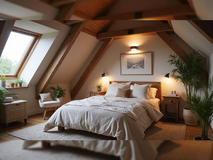 Cozy attic bedroom with a slanted wooden-beam ceiling, soft lighting, and neutral tones. A large bed is adorned with plush pillows and a knit throw. Plants add warmth.