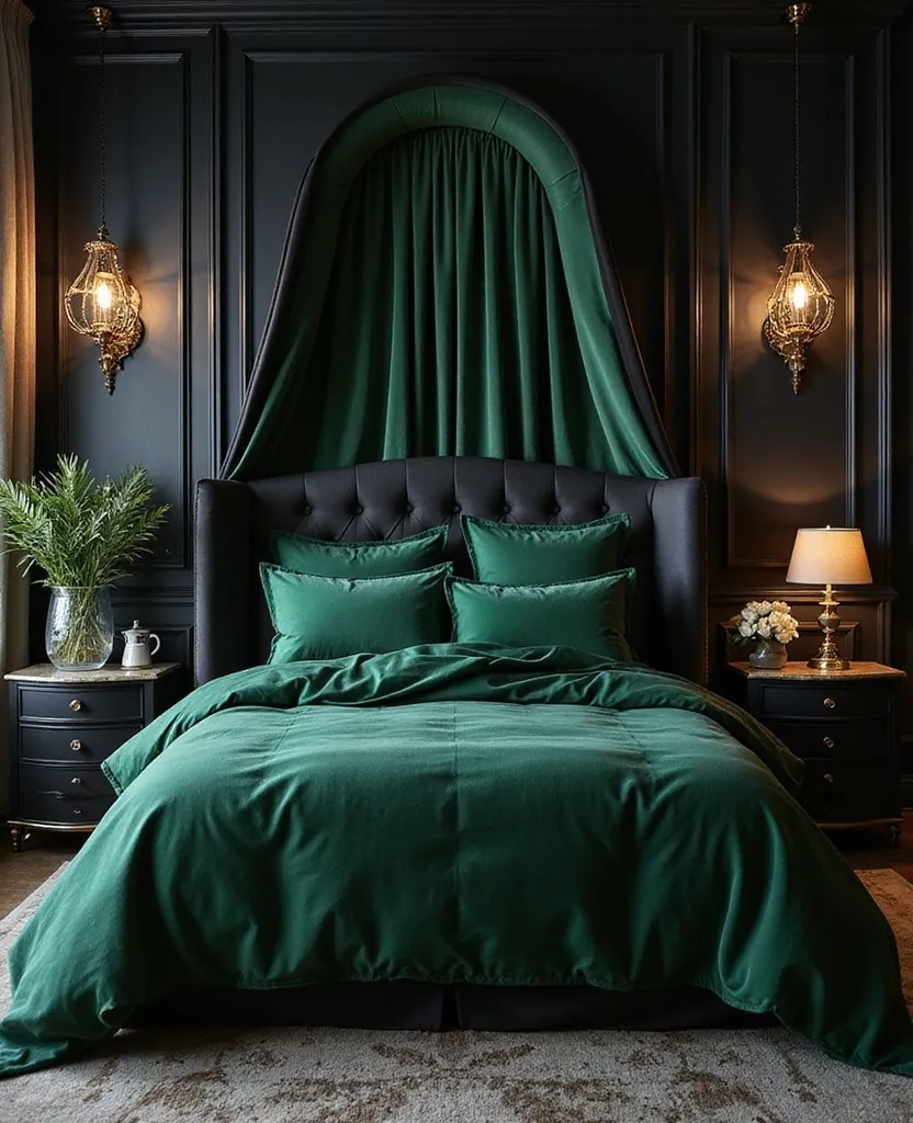 25 Stunning Black and Green Bedroom Aesthetics You Can't Miss! - 13. Glamorous Hollywood