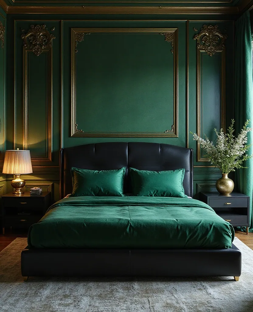 25 Stunning Black and Green Bedroom Aesthetics You Can't Miss! - 7. Art Deco Glamour