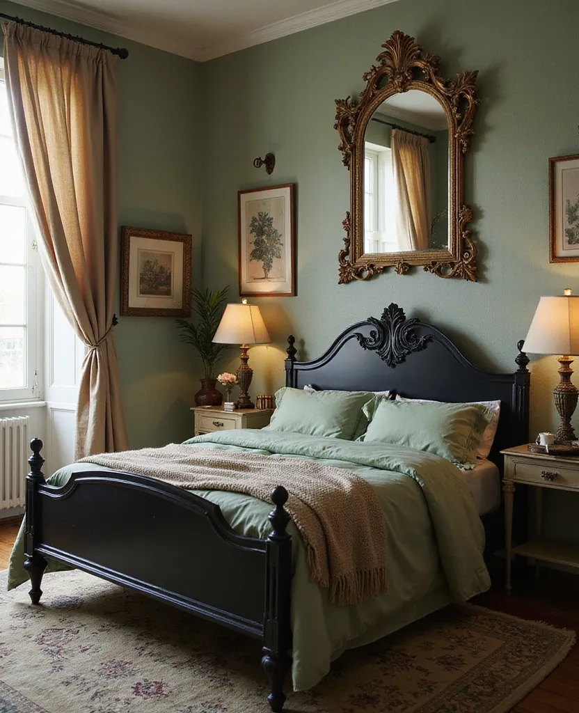 25 Stunning Black and Green Bedroom Aesthetics You Can't Miss! - 11. Vintage Charm
