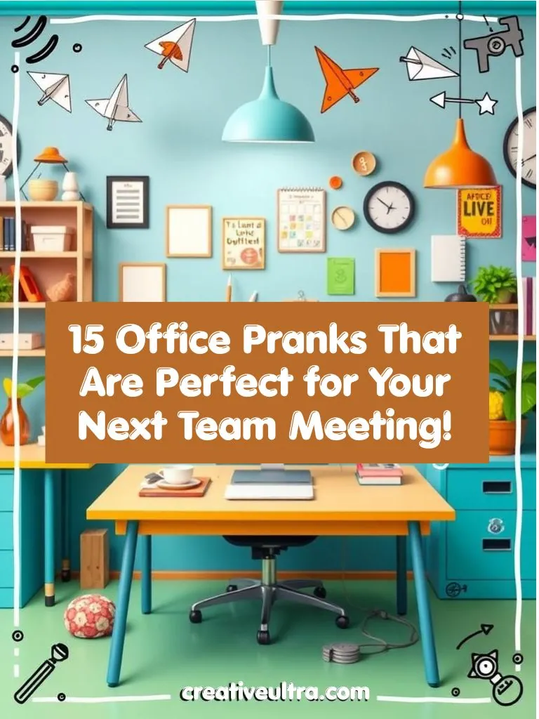 Colorful office with blue walls, paper airplanes, and quirky decor. Text reads, "15 Office Pranks That Are Perfect for Your Next Team Meeting!"