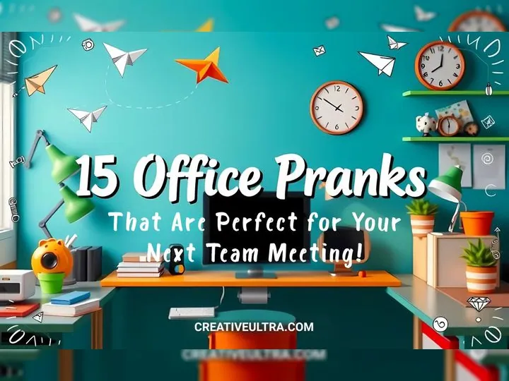 Colorful office desk with playful paper airplanes and clocks. Text reads "15 Office Pranks Perfect for Your Next Team Meeting" with a fun, whimsical vibe.