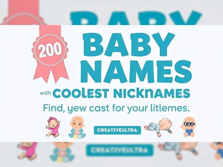 Image with bold teal text reading "200 Baby Names with Coolest Nicknames." Features a pink ribbon, playful baby illustrations, and a cheerful tone.