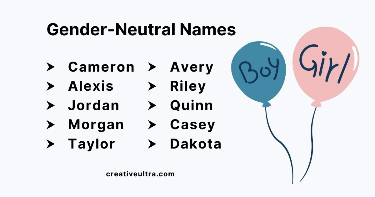 "Image lists gender-neutral names beside blue and pink balloons labeled 'Boy' and 'Girl.' Names include Cameron, Avery, Jordan, Quinn, and more."