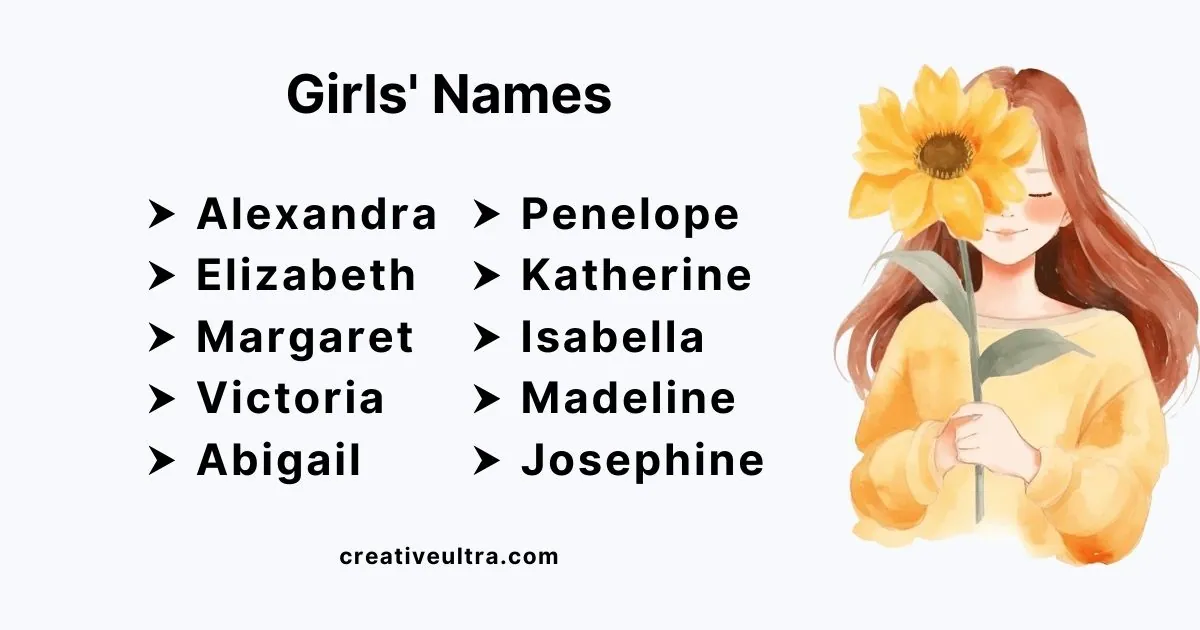 List of girls' names in bold, flanked by a smiling girl with long hair holding a large sunflower, conveying warmth and happiness.