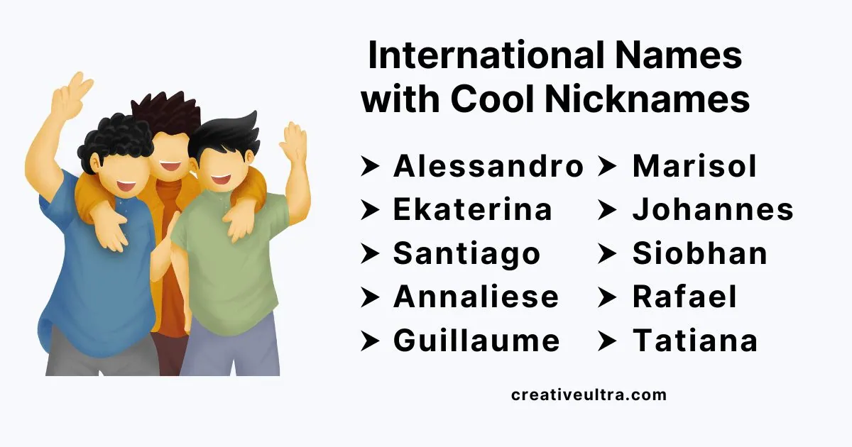 Illustration of three smiling people with arms around each other, and a list of international names like Alessandro, Marisol, and Tatiana on the side.