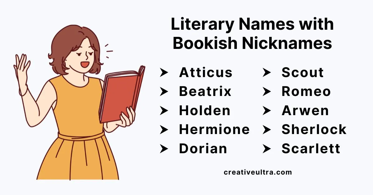 Illustration of a woman in an orange dress joyfully reading a book. Text beside lists literary names like Atticus, Hermione, and Sherlock on a light background.