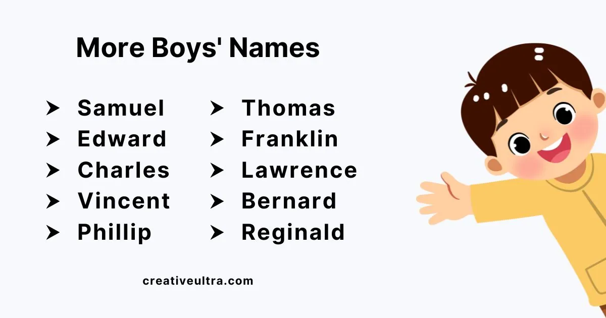 Cartoon boy in a yellow outfit joyfully waves beside a list of boys' names like Samuel, Edward, and Thomas on a white background.
