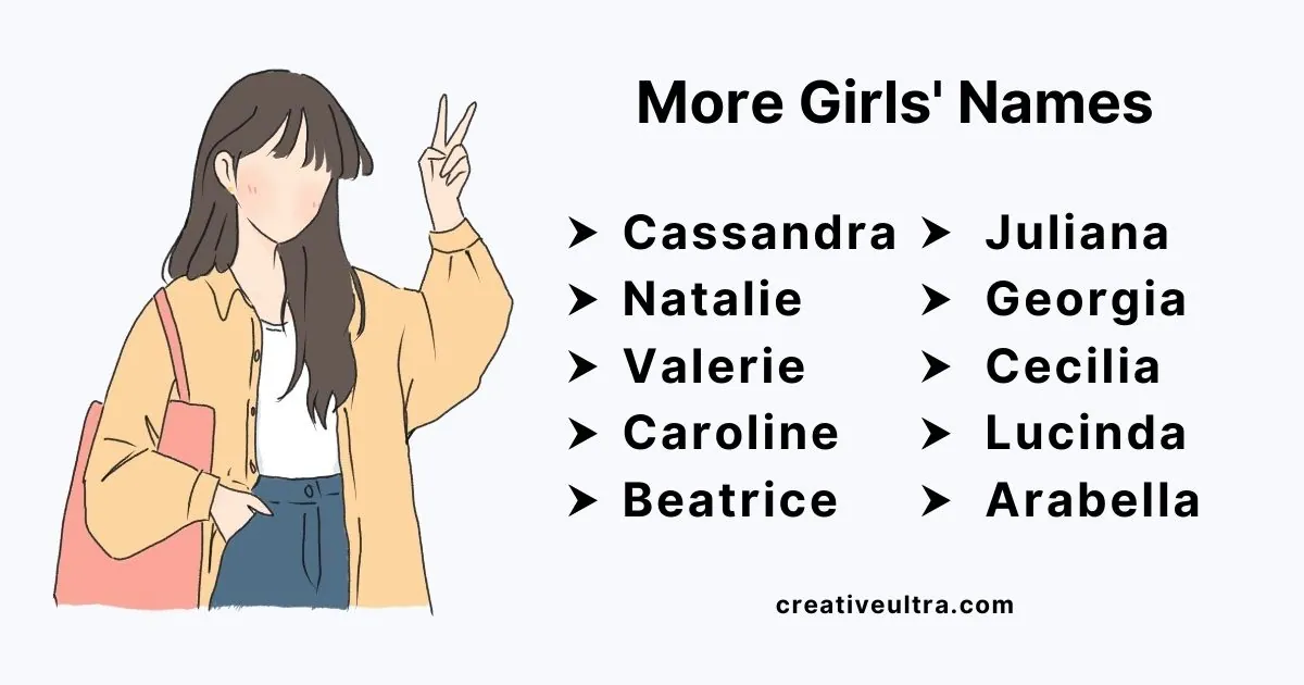 Illustration of a person with long hair making a peace sign. Text lists girls’ names: Cassandra, Natalie, Valerie, Caroline, Beatrice, Juliana, Georgia, Cecilia, Lucinda, Arabella.