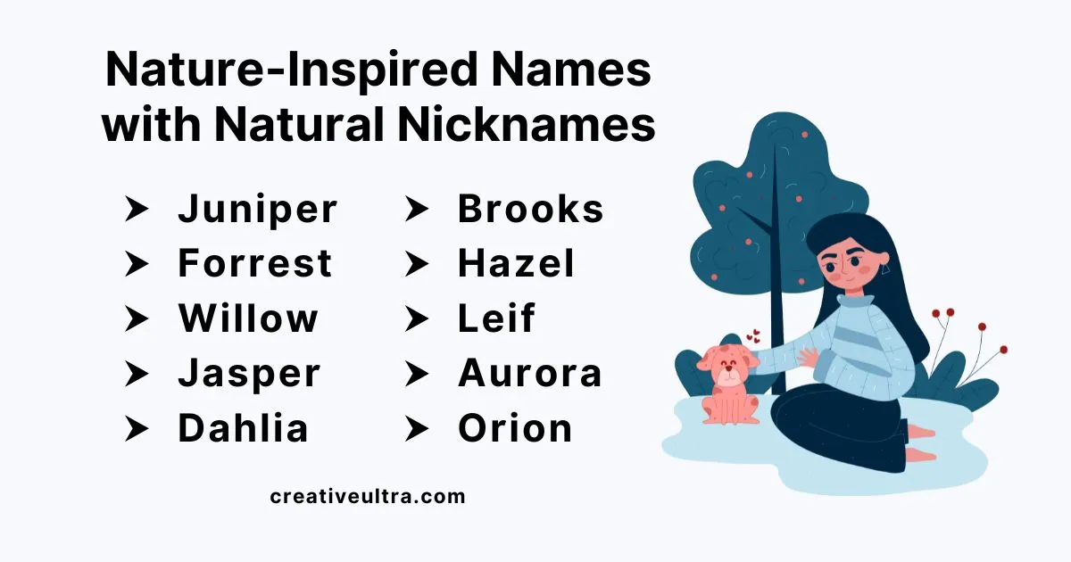 "List of nature-inspired names like Juniper and Forrest, with an illustration of a woman and dog near a tree. Calm and warm tone."