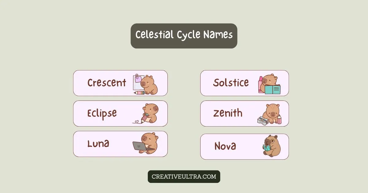 Illustrated chart titled "Celestial Cycle Names." Features cute bears with school items next to names: Crescent, Eclipse, Luna, Solstice, Zenith, and Nova. Calm tone.