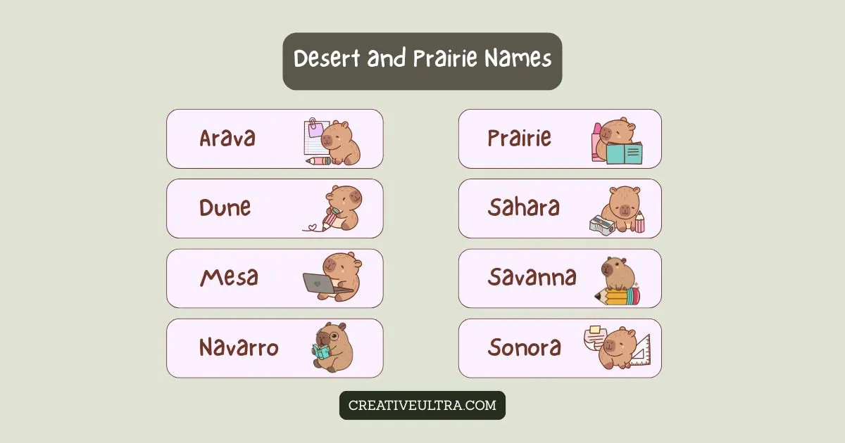 Illustrated names of deserts and prairies next to cute animals holding school supplies. Names include Arava, Prairie, Dune, Sahara, Mesa, Savanna, Navarro, and Sonora.