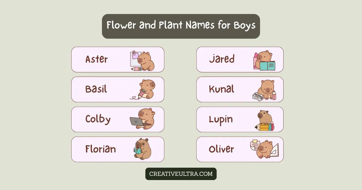 The image lists flower and plant names for boys, each with a cute bear illustration. Names include Aster, Basil, Colby, Florian, Jared, Kunal, Lupin, and Oliver.