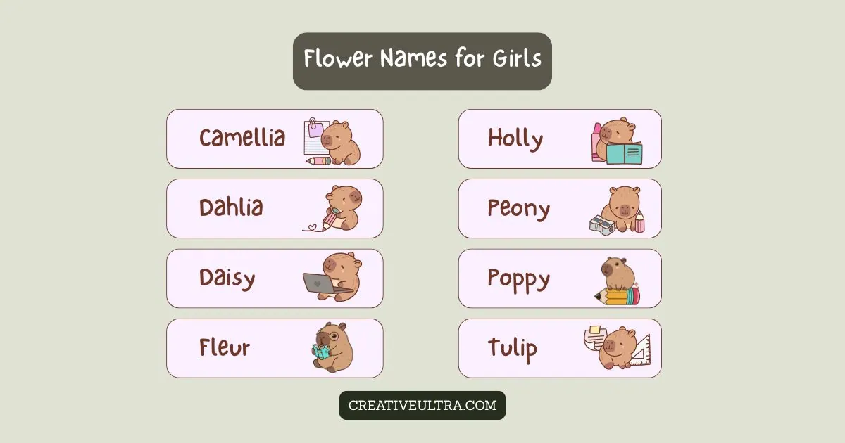 Illustration of eight bear characters representing flower names for girls like Camellia, Holly, and Poppy, each with a playful activity.