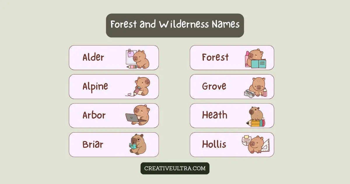 Chart with cute bear illustrations and forest-themed names: Alder, Alpine, Arbor, Briar, Forest, Grove, Heath, Hollis. Tone: playful, whimsical.