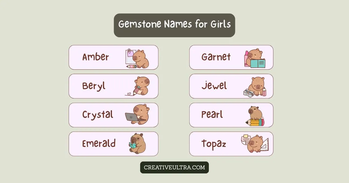 Cute illustrated animals holding books, pencils, and laptops next to gemstone names for girls: Amber, Beryl, Crystal, Emerald, Garnet, Jewel, Pearl, Topaz.
